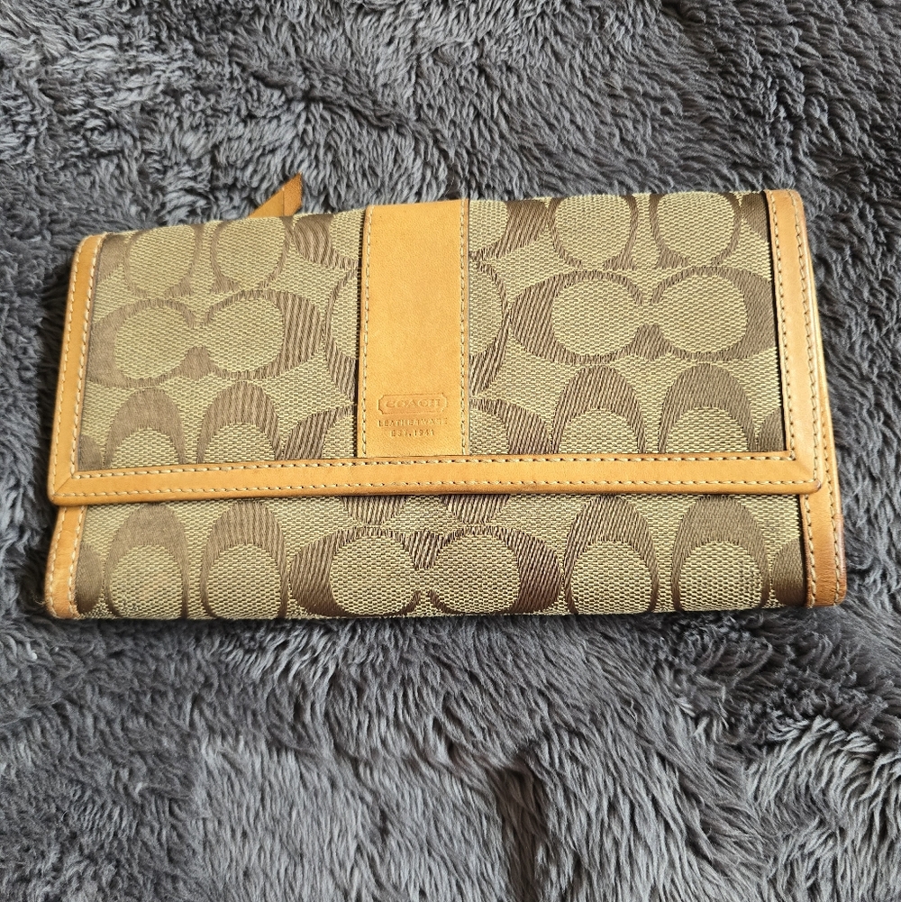 Coach Signature Continental Wallet in Brown and Tan Trim